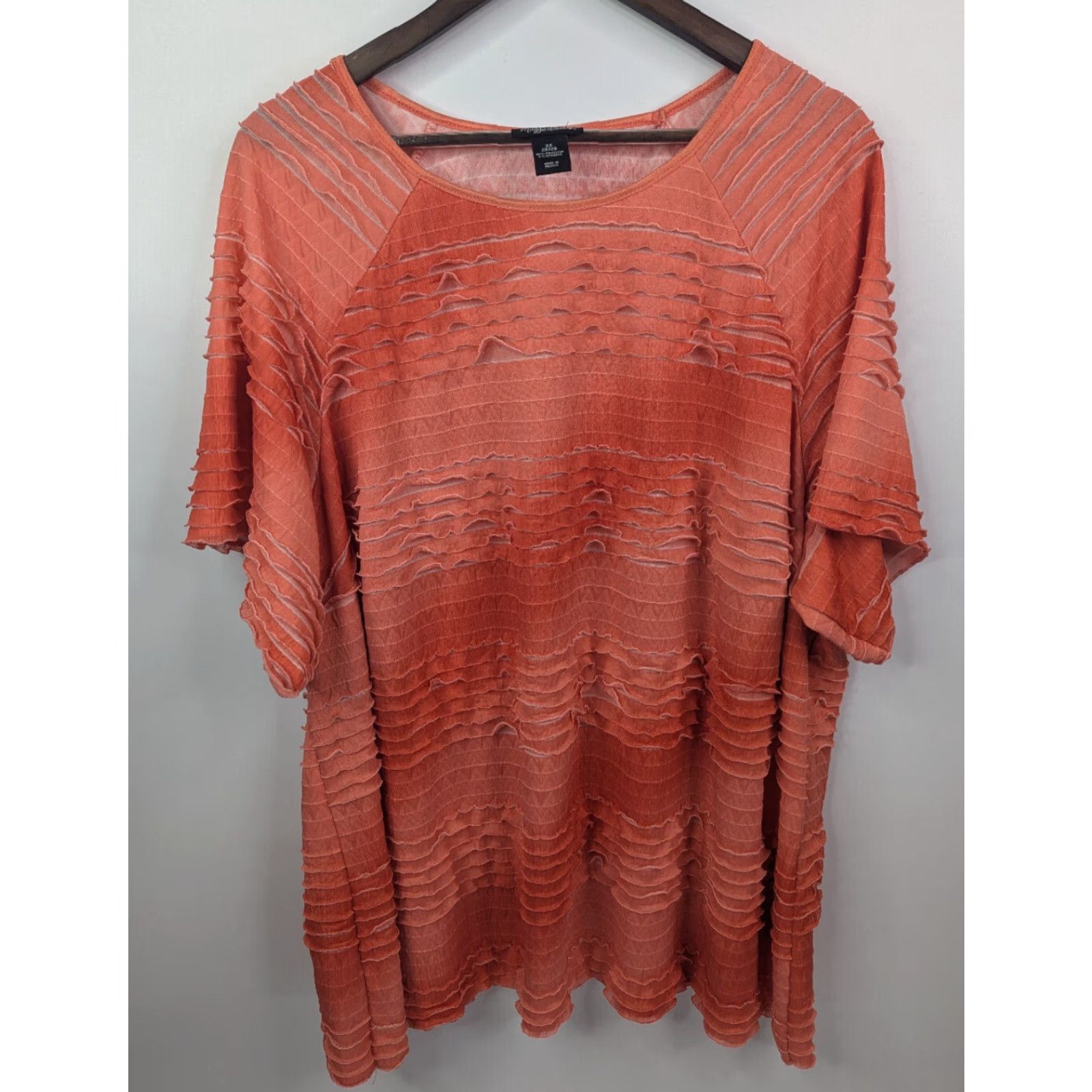 Vintage Maggie Barnes Shirt Woman's 3X Orange Short Sleeve Boho Ruffle Blouse Plus Knit Top Womens Size XXL / US 16-18 / IT 52-54 - 2 Thumbnail