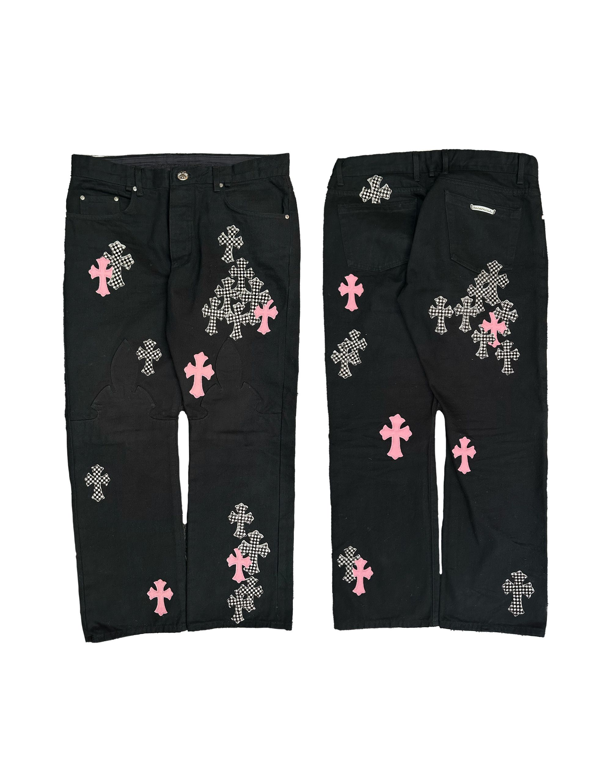 Chrome hot Hearts Pink Patch Black Distressed Denim