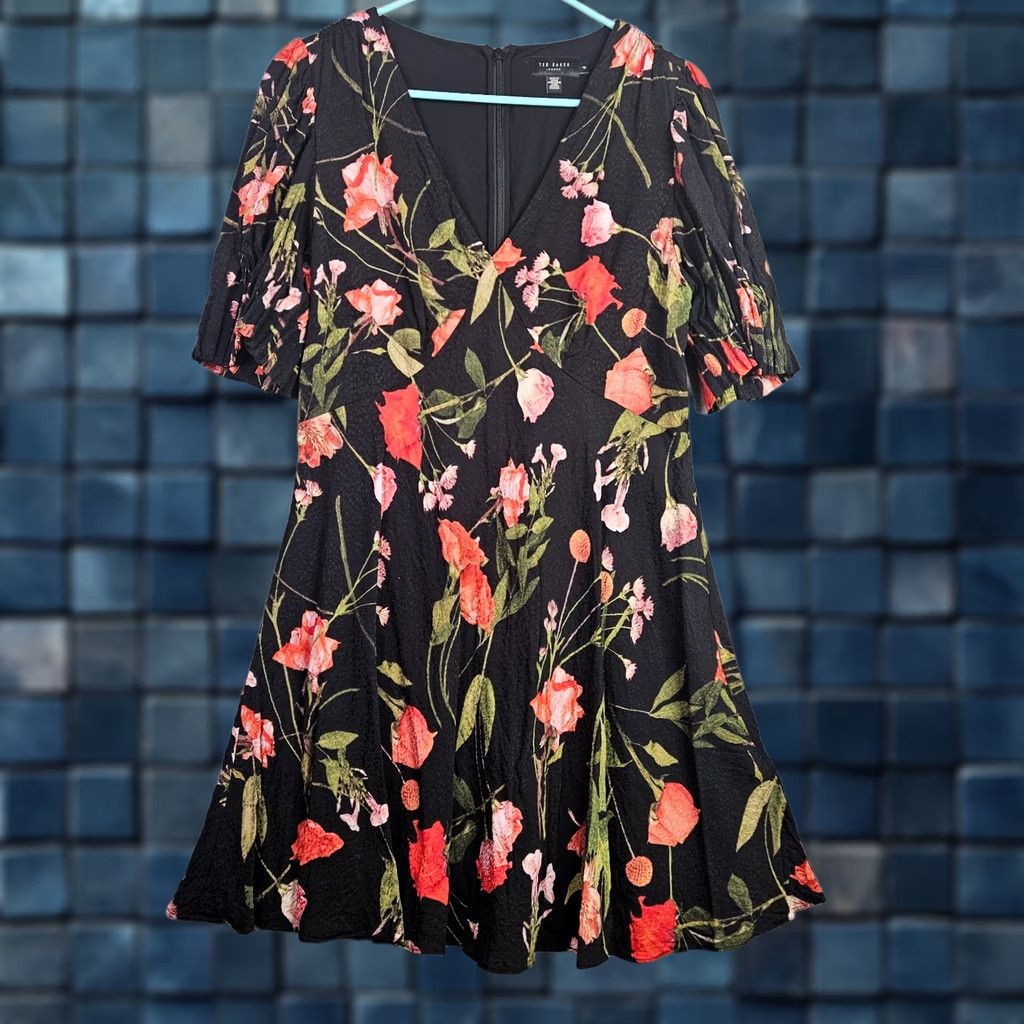 Ted Baker Ted Baker Sienno Mini Puff Sleeve Satin Floral Empire Dress Size 4 Multicolor V-Neck Womens Short Sleeve Size S / US 4 / IT 40 - 1 Thumbnail