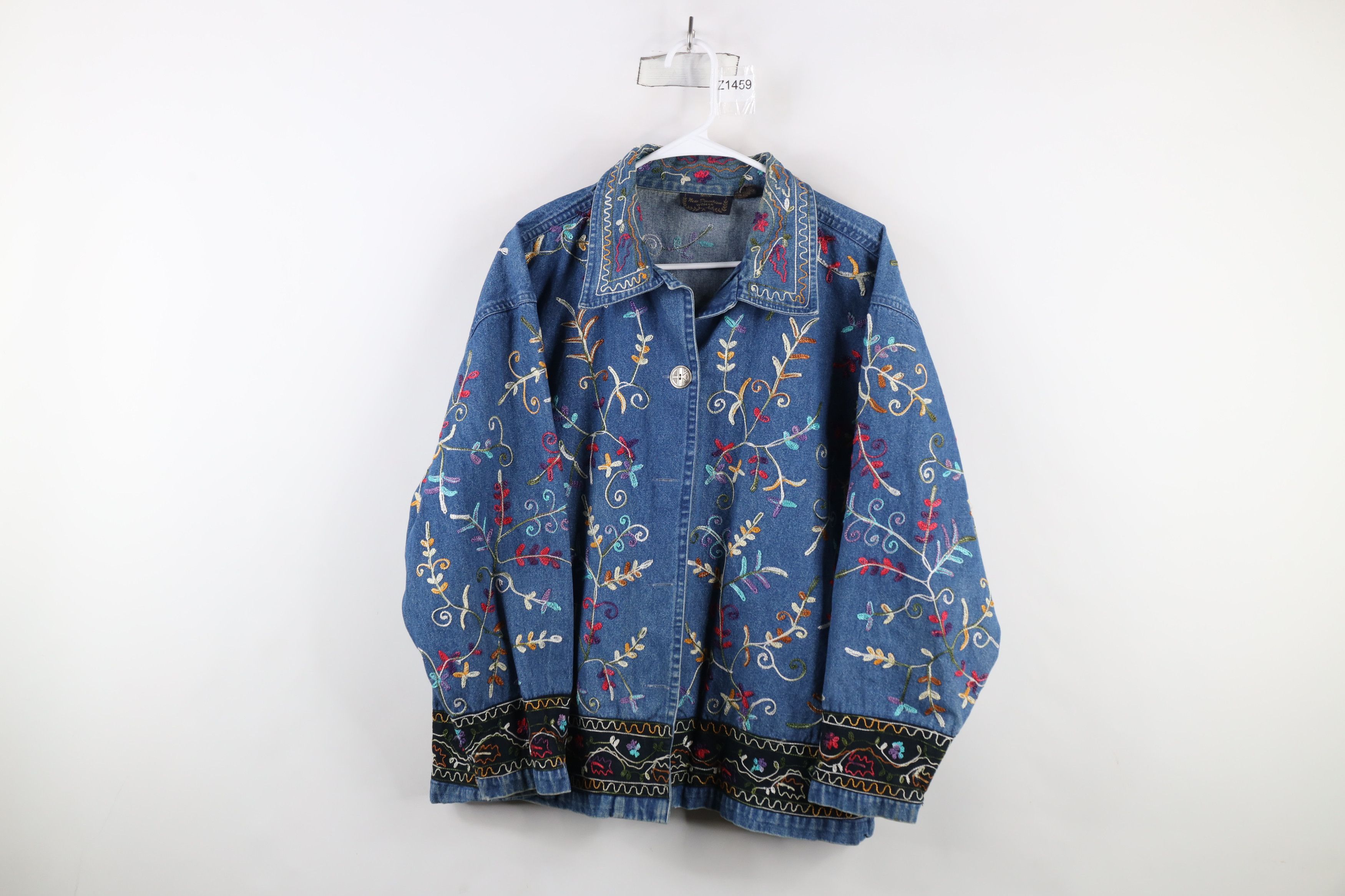 Vintage Vintage 90s Y2K Fairy Bella Embroidered Flower Denim Jacket Size XXL / US 16-18 / IT 52-54 - 1 Thumbnail