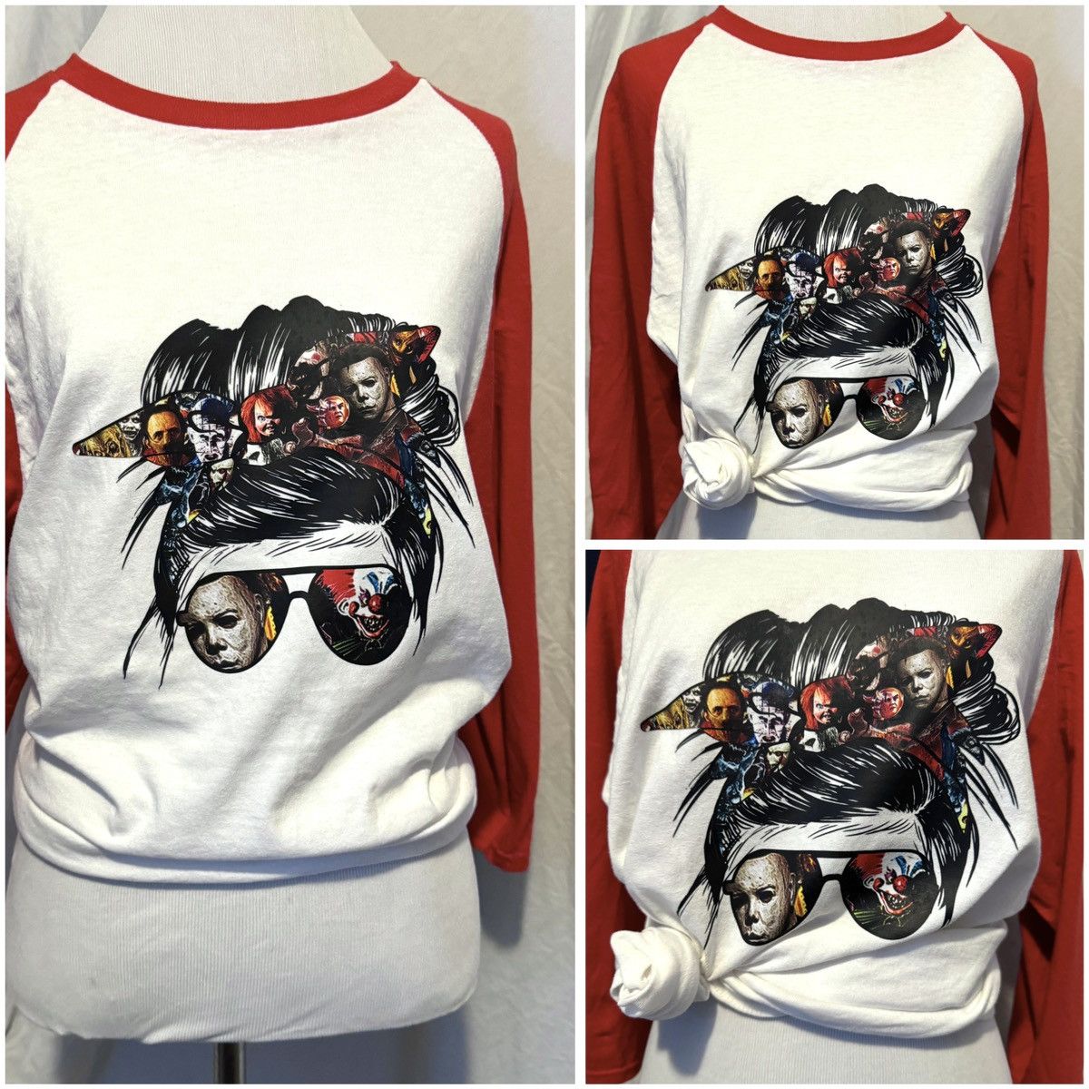 Other Messy Bun/Horror Movie, Custom Halloween Raglan Tee Size M / US 6-8 / IT 42-44 - 3 Thumbnail
