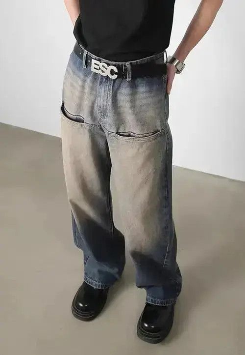 Retro distressed blue washed patchwork pocket jeans