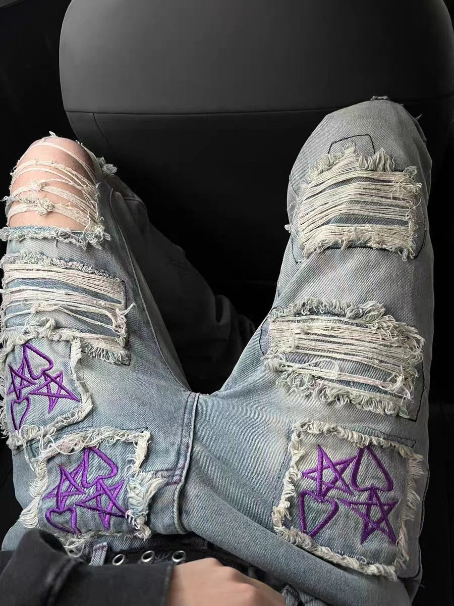 Japanese Brand × Jean Retro star heart heavy embroidery double layer patch jeans Size US 33 - 3 Thumbnail