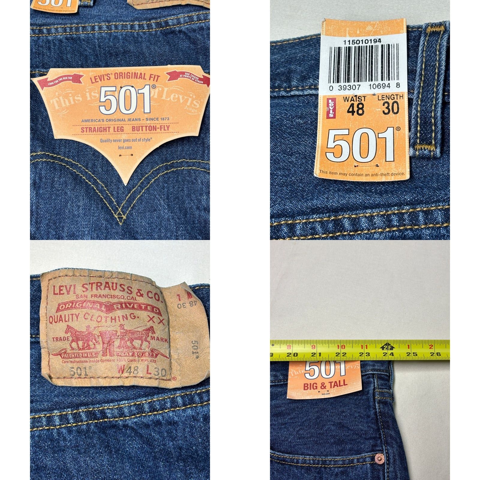 Levi's VINTAGE? No — Levi's 501 Original Fit Big & Tall Jeans Mens 48x30 Dark Wash Blue Button Fly Straight 501 Series Denim Cotton 5-Pocket Size US 32 / EU 48 - 9 Thumbnail