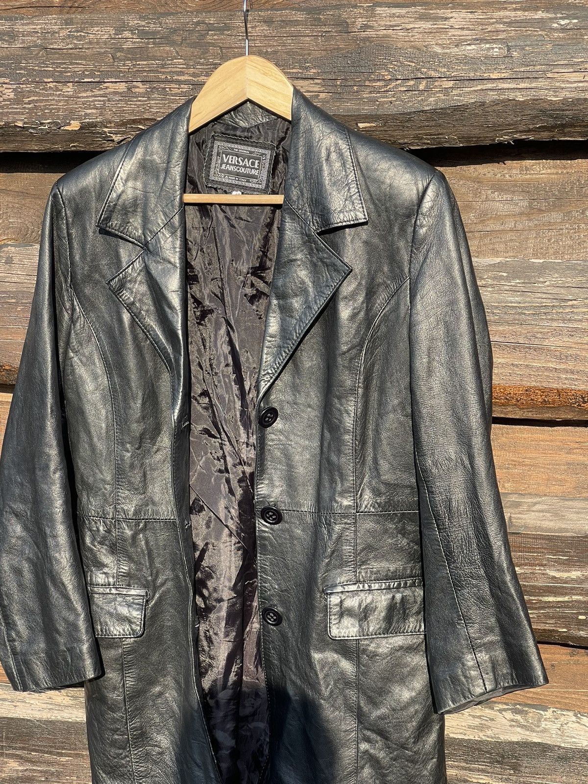 Versace Jeans Couture × Vintage 90’s Versace Jeans Couture Vintage black leather coat Size M / US 6-8 / IT 42-44 - 10 Thumbnail
