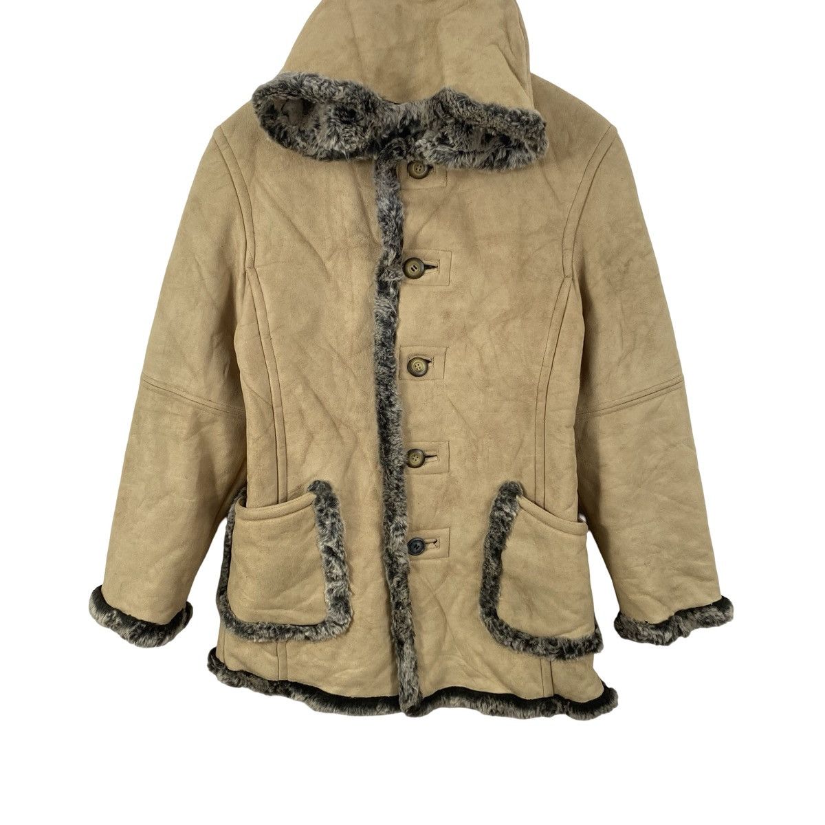 Vintage Vintage PPFM Faux Suede Shearling Hooded Coat Jacket Fur Size M / US 6-8 / IT 42-44 - 5 Thumbnail