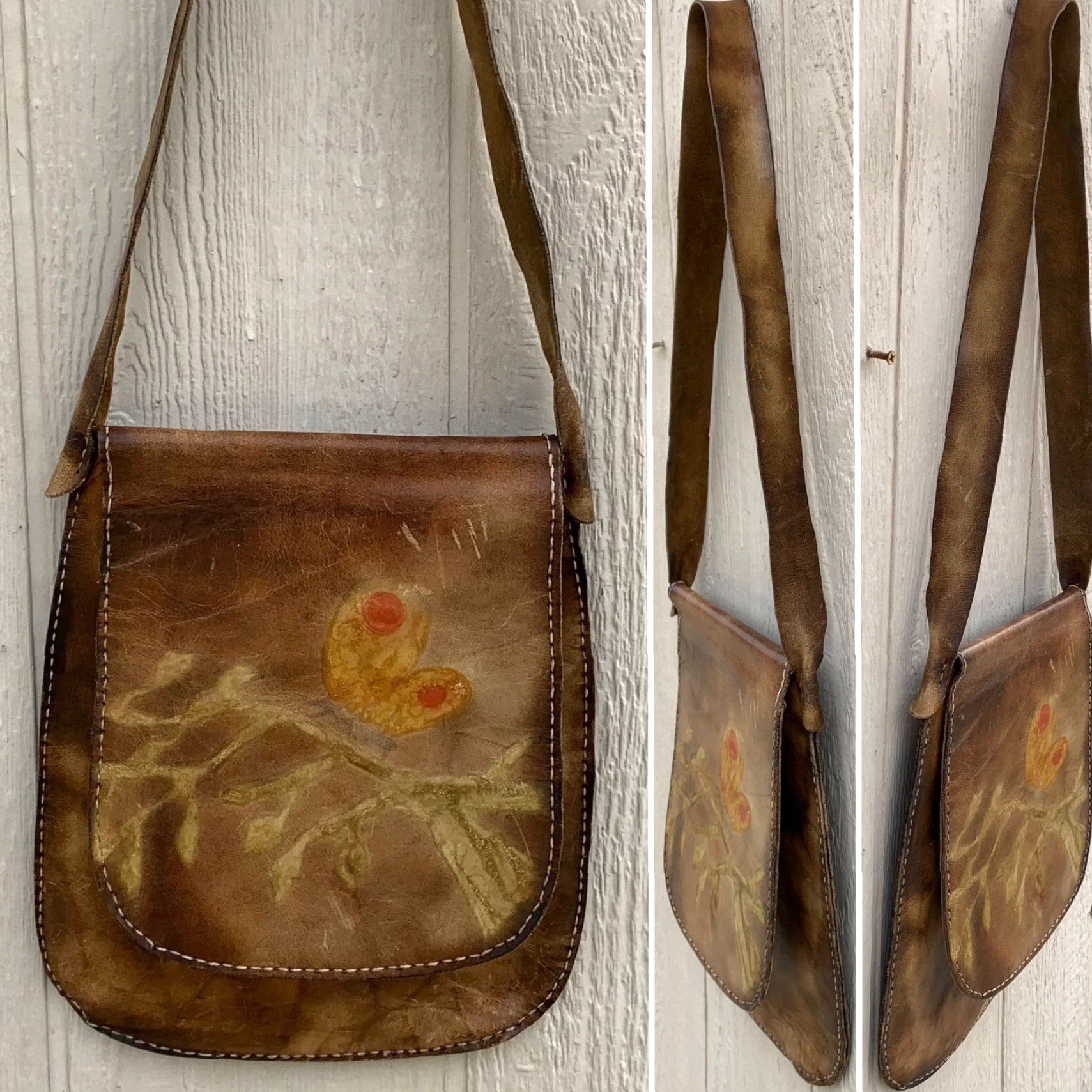 Vintage VINTAGE leather hippy shoulder bag butterfly front flap purse hippie chic boho butterfly Size ONE SIZE - 2 Thumbnail