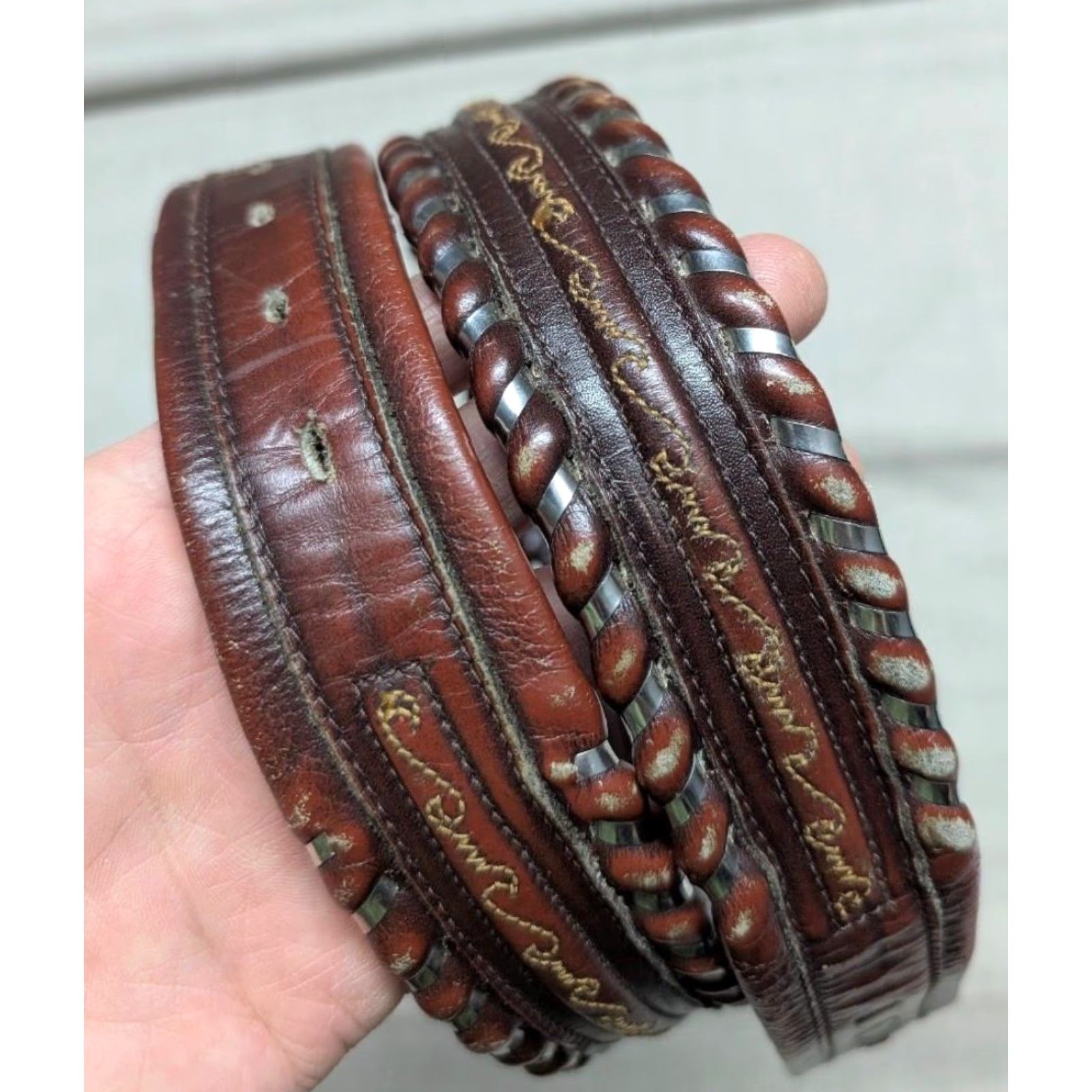 Vintage VINTAGE Leegin belt LACED western cowhide brown 30 buckle Rodeo Mens Belt Size 30 - 7 Thumbnail