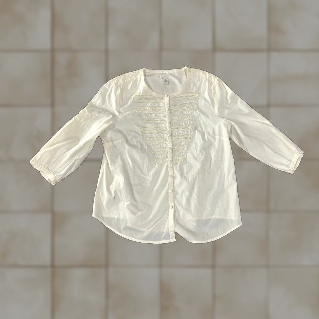Vintage Chico's Blouse Women 2 White Sheer Embroidered Long Sleeve Round Neck Casual Cotton Button Size XS / US 0-2 / IT 36-38 - 1 Thumbnail