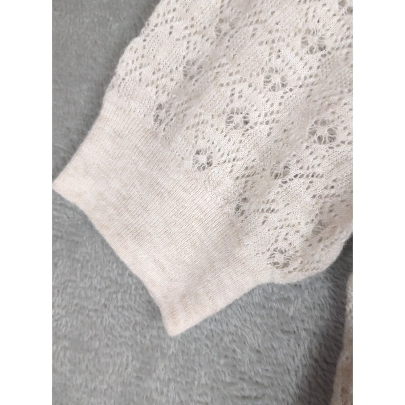 Old Navy Old Navy Women Sweater L Ivory Puff Sleeve Knit Open-Knit Tie Casual Pullover Fashion Feminine Coquette Size L / US 10 / IT 46 - 3 Thumbnail