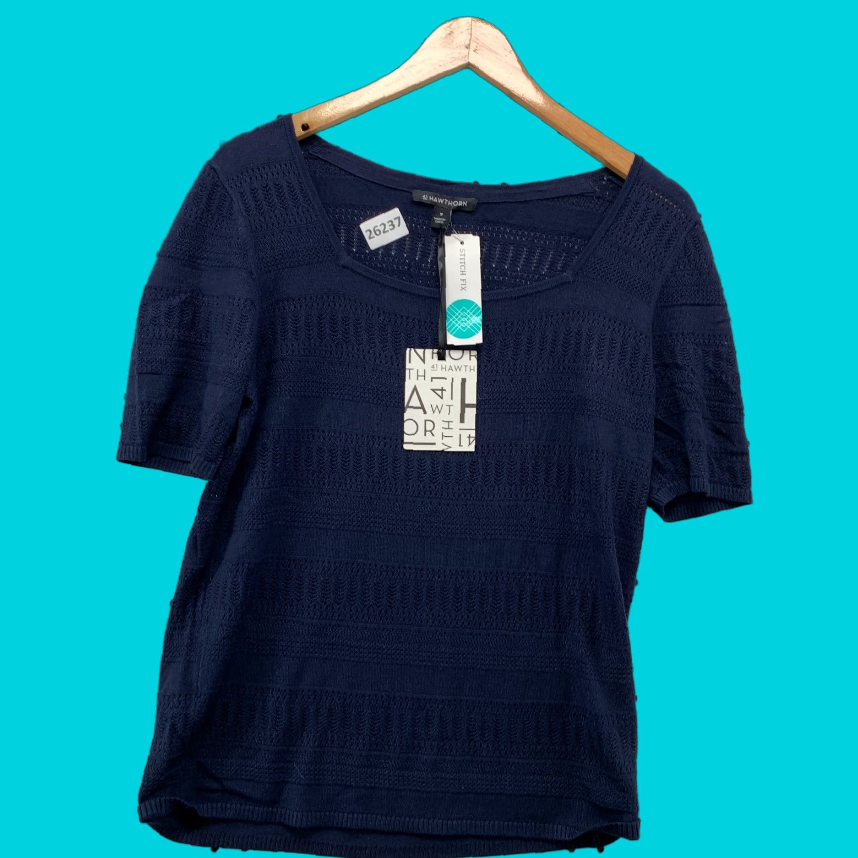 Vintage NEW 41 Hawthorn Knit Blouse Blue Square Neck Short Sleeve Women Medium Size M / US 6-8 / IT 42-44 - 1 Thumbnail