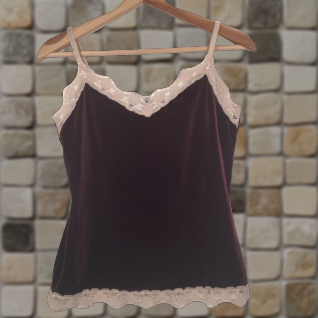 Vintage VINTAGE New York & Company Intimates Tank Top Camisole Y2K Lace Trim Burgundy Tan L Juniors Women Size L / US 10 / IT 46 - 1 Thumbnail