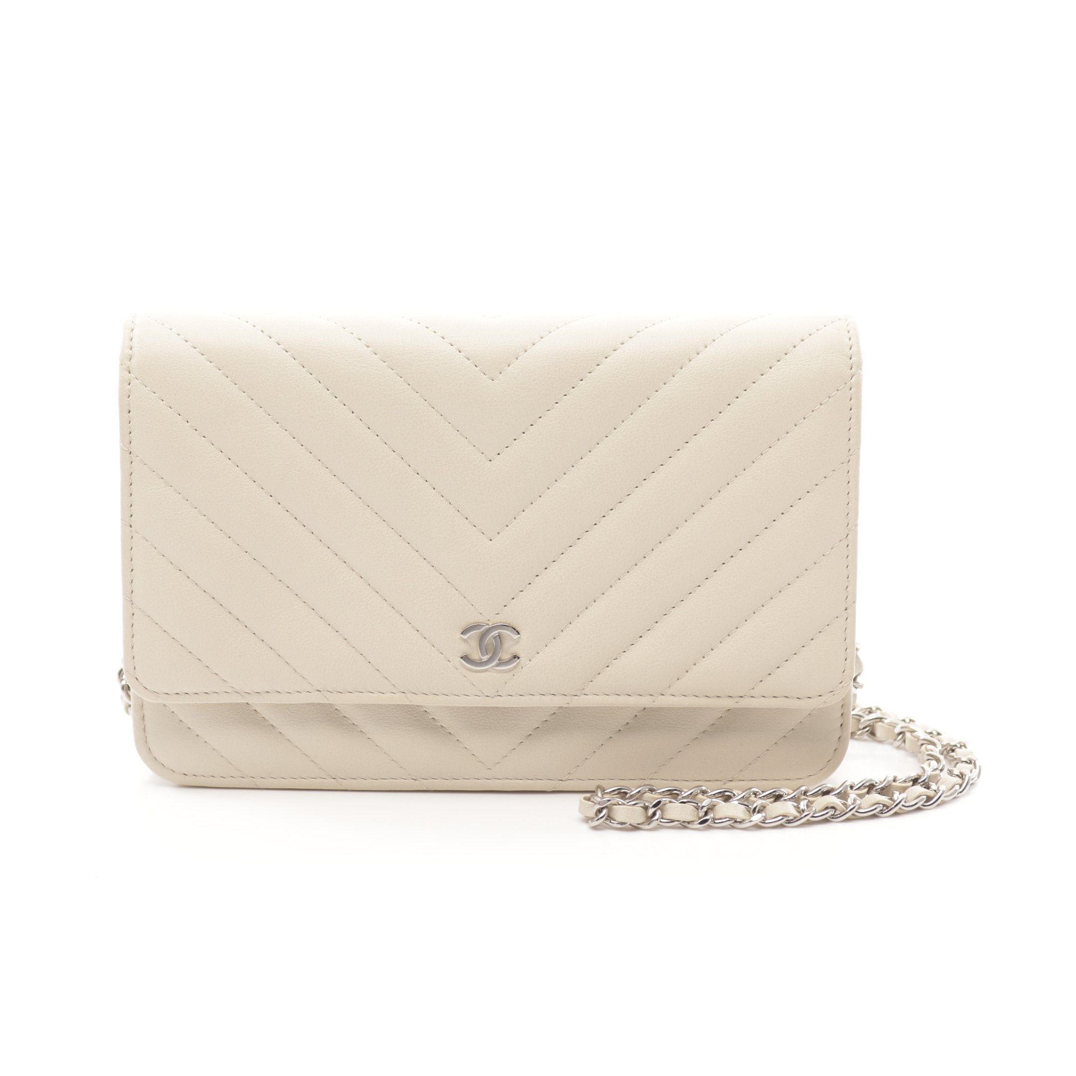 Chanel Chanel V-Stitch Chevron Chain Wallet Leather Light Beige Silver Hardware Size ONE SIZE - 1 Thumbnail