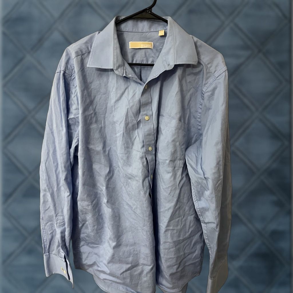 Michael Kors Michael Kors Button-Up Shirt Blue Solid 17.5 34/35 Cotton Non Iron Long Sleeve Collared 100% Cotton Mens Regular Shirt Size 46R - 1 Thumbnail