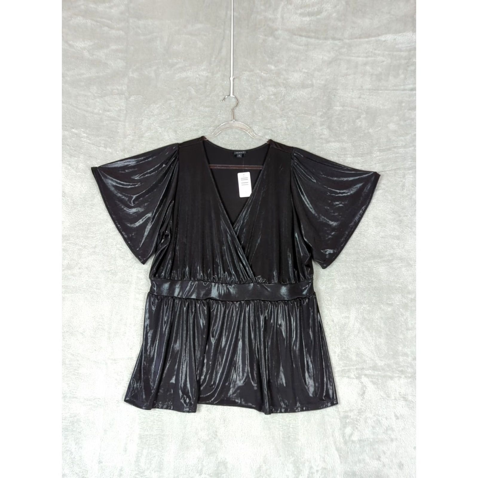Torrid Torrid Blouse 3X V-Neck Surplice Peplum Top Flutter Sleeve Black Solid Knit Polyester Spandex Holiday Party Womens Size XXL / US 16-18 / IT 52-54 - 2 Thumbnail