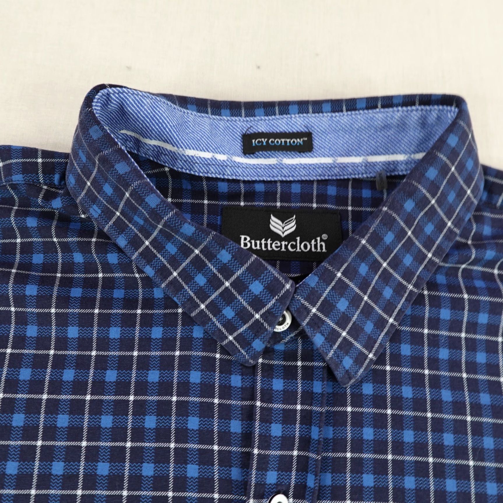 Vintage Buttercloth Button-Up Shirt Mens 3XL Blue Plaid Cotton Spandex Rayon Knit Breathable Pockets Regular Collar Size US XXL / EU 58 / 5 - 2 Thumbnail