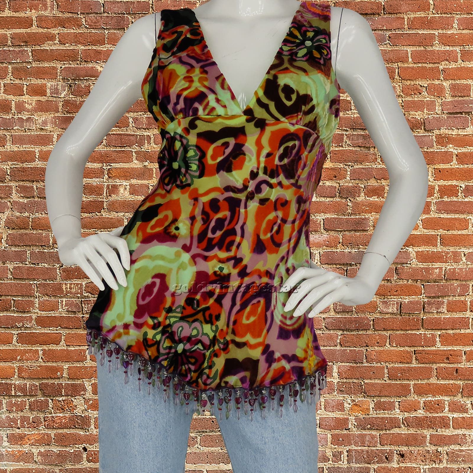 image of Vintage Y2K Mary Couture Boho Fringe Floral Silk Blouse M, Women's (Size Medium)
