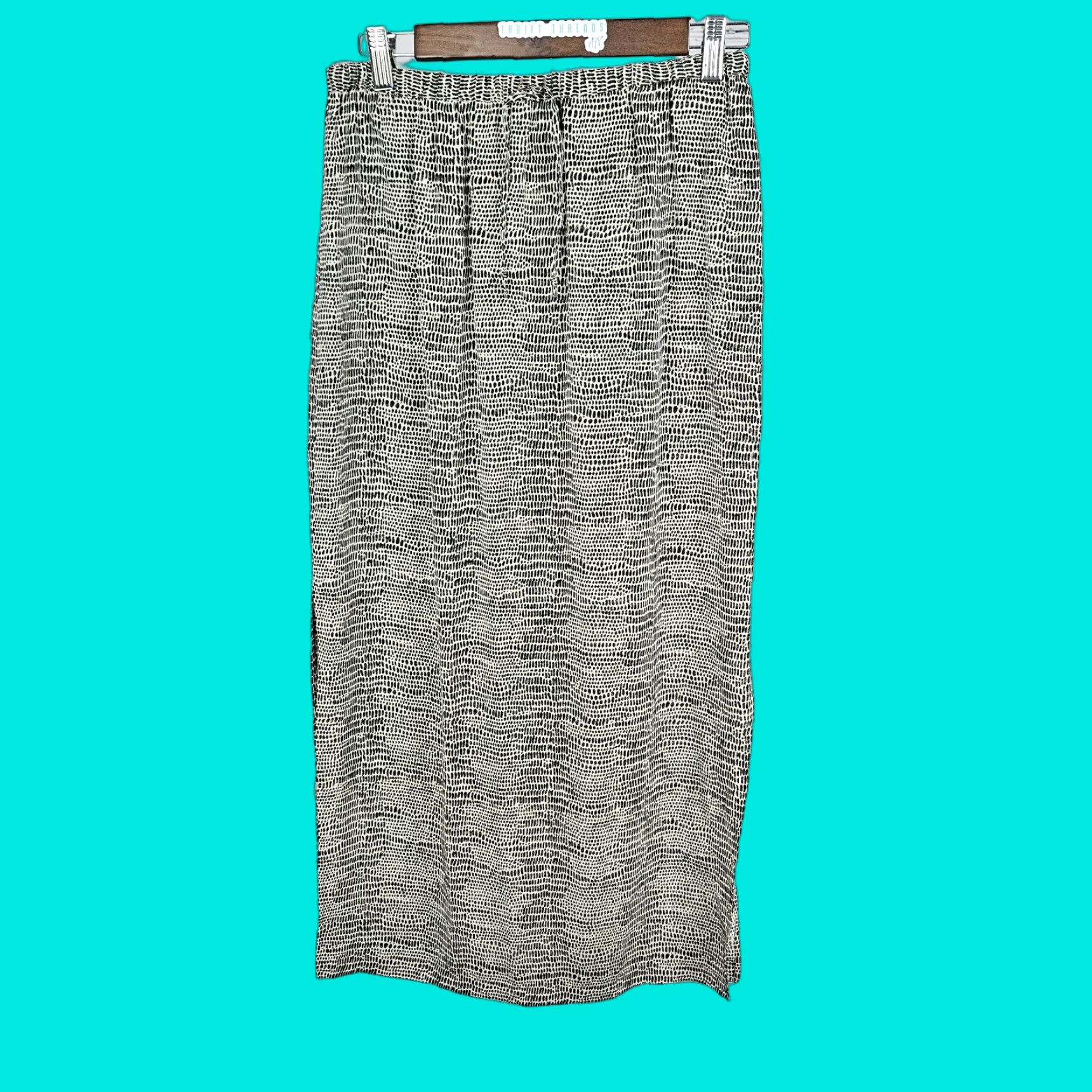 Vintage Allison Taylor Skirt Women 100% Silk Midi Beige Brown Animal Print Slit Drawstring Elastic Waist Small S Bohemian 90s Spring Summer Fall Size 28" / US 6 / IT 42 - 1 Thumbnail
