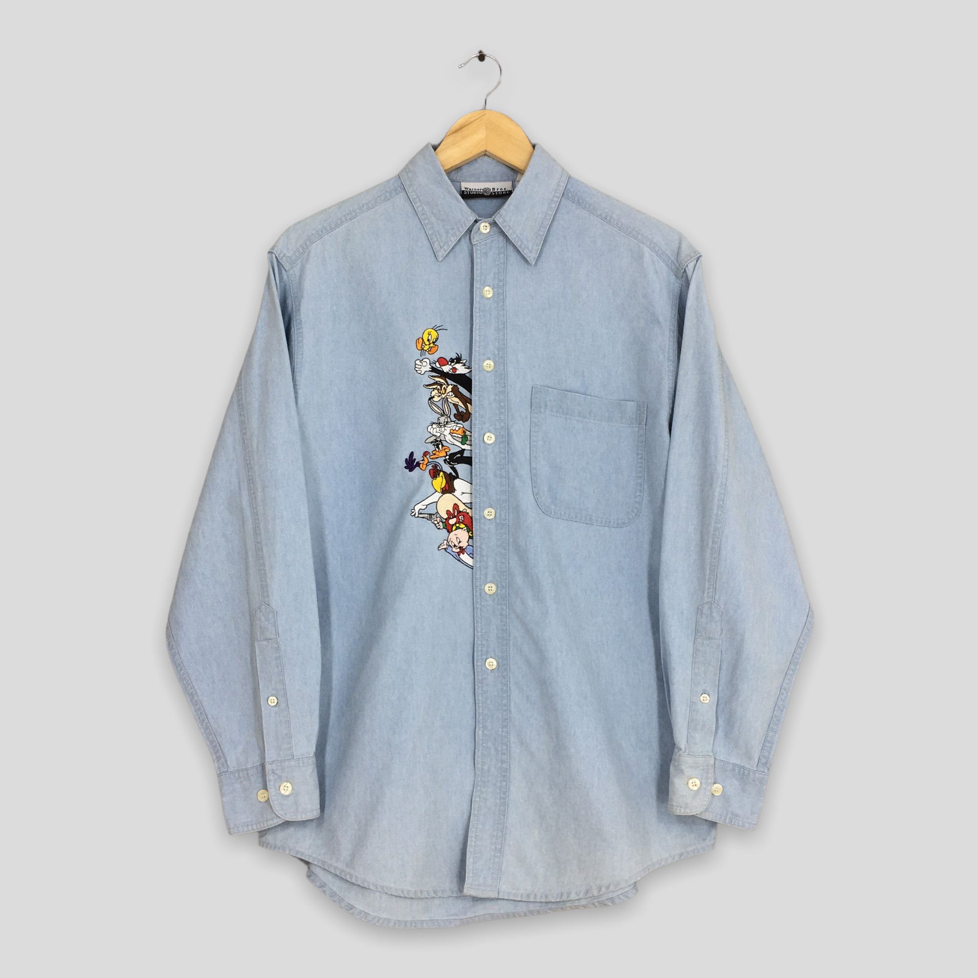 image of Cartoon Network x Vintage Looney Tunes Warner Bros Denim Shirt Small in Blue, Men's