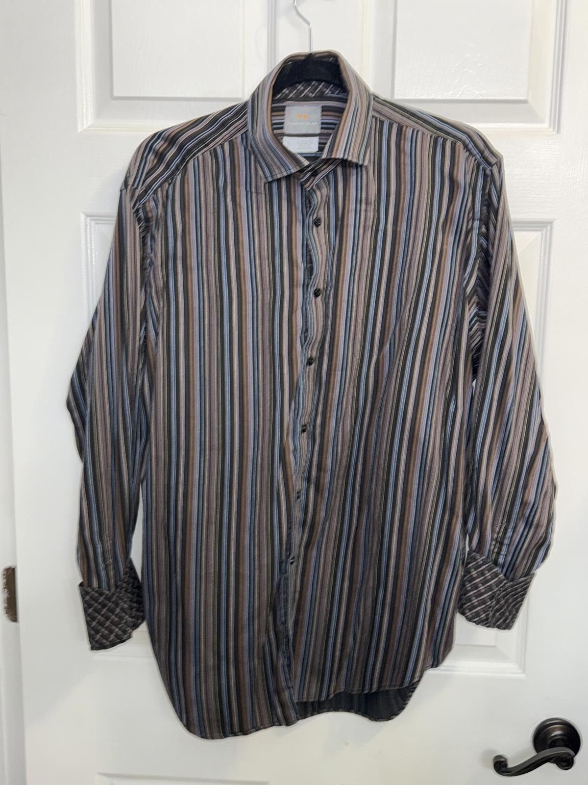 Thomas Dean Thomas Dean Men's Striped Contrast Cuff Multicolored Shirt L Size US L / EU 52-54 / 3 - 1 Thumbnail