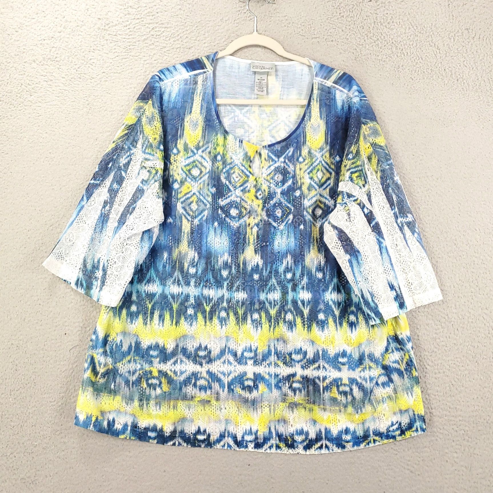 Vintage Catherines Liz & Me Top Womens 1X Blue Green Geometric Rhinestone Lightweight Tunic Blouse Casual Shirt Size XL / US 12-14 / IT 48-50 - 2 Thumbnail