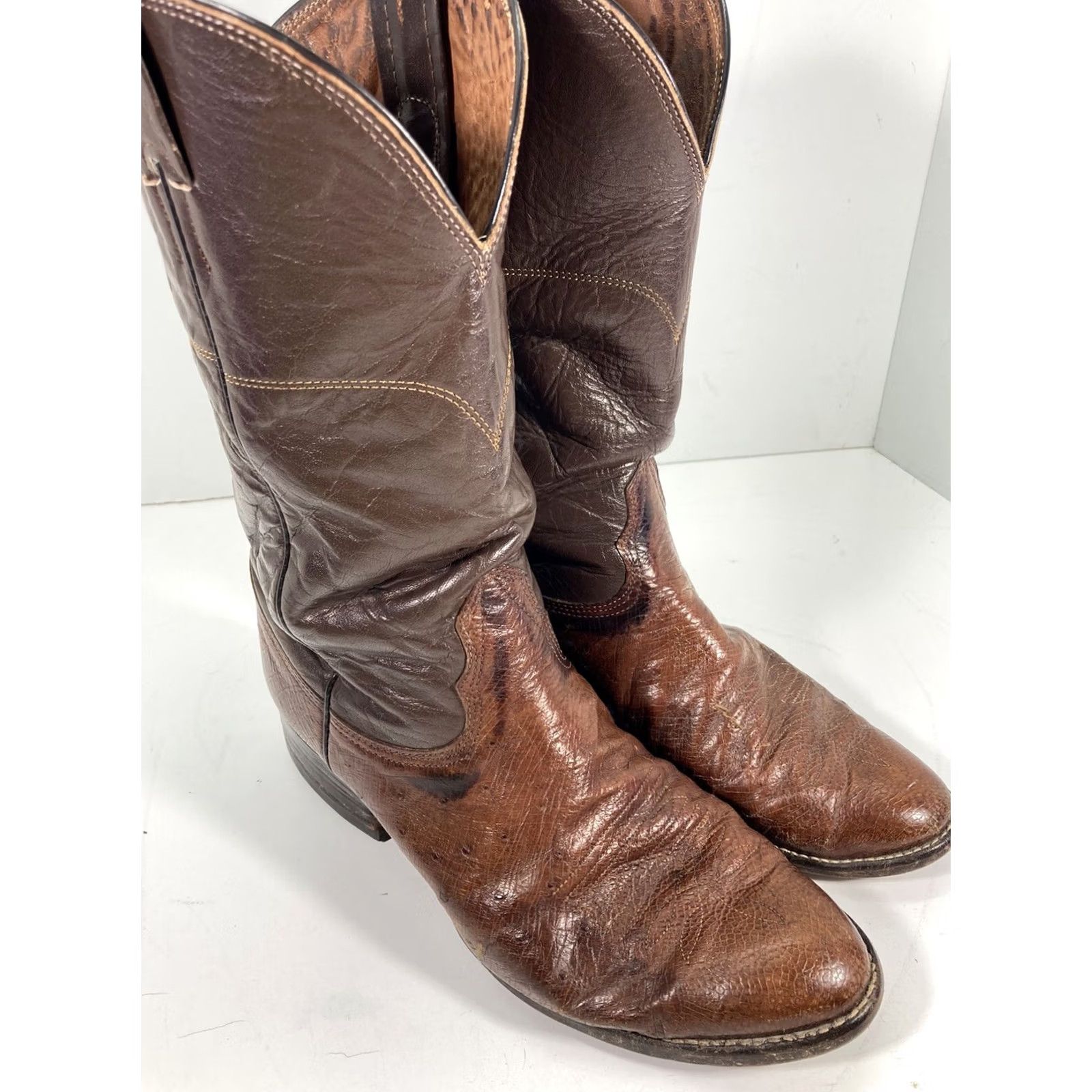Vintage Nocona Boots Western Boot Mens 8.5 D Brown Leather Ostrich VTG Two Tone Cowboy NT Size US 9 / EU 42 - 2 Thumbnail