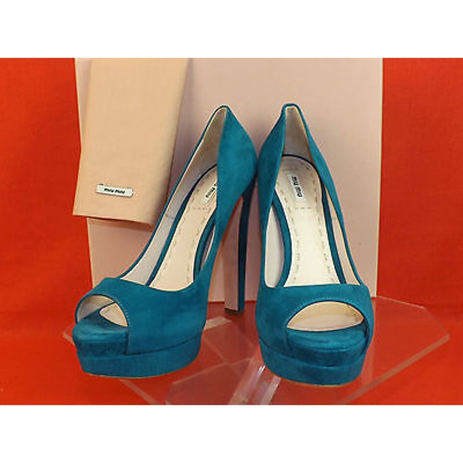 Miu Miu 5KP185 TURQUOISE SUEDE PEEP TOE DOUBLE PLATFORM PUMPS 39.5 9 Size US 9.5 / IT 39.5 - 6 Thumbnail