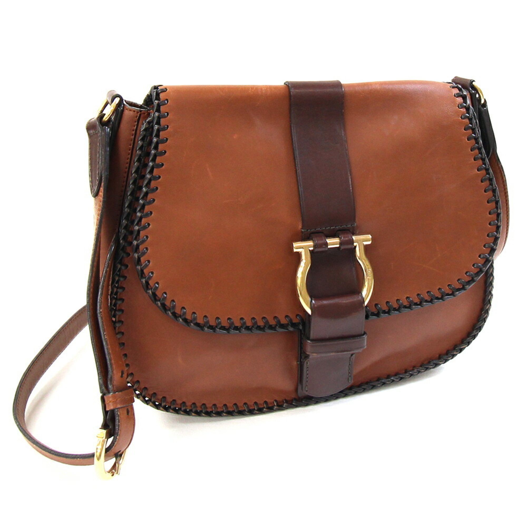 Salvatore Ferragamo Shoulder Bag 21 C664 Brown/Dark Brown Leather Gancini for Women