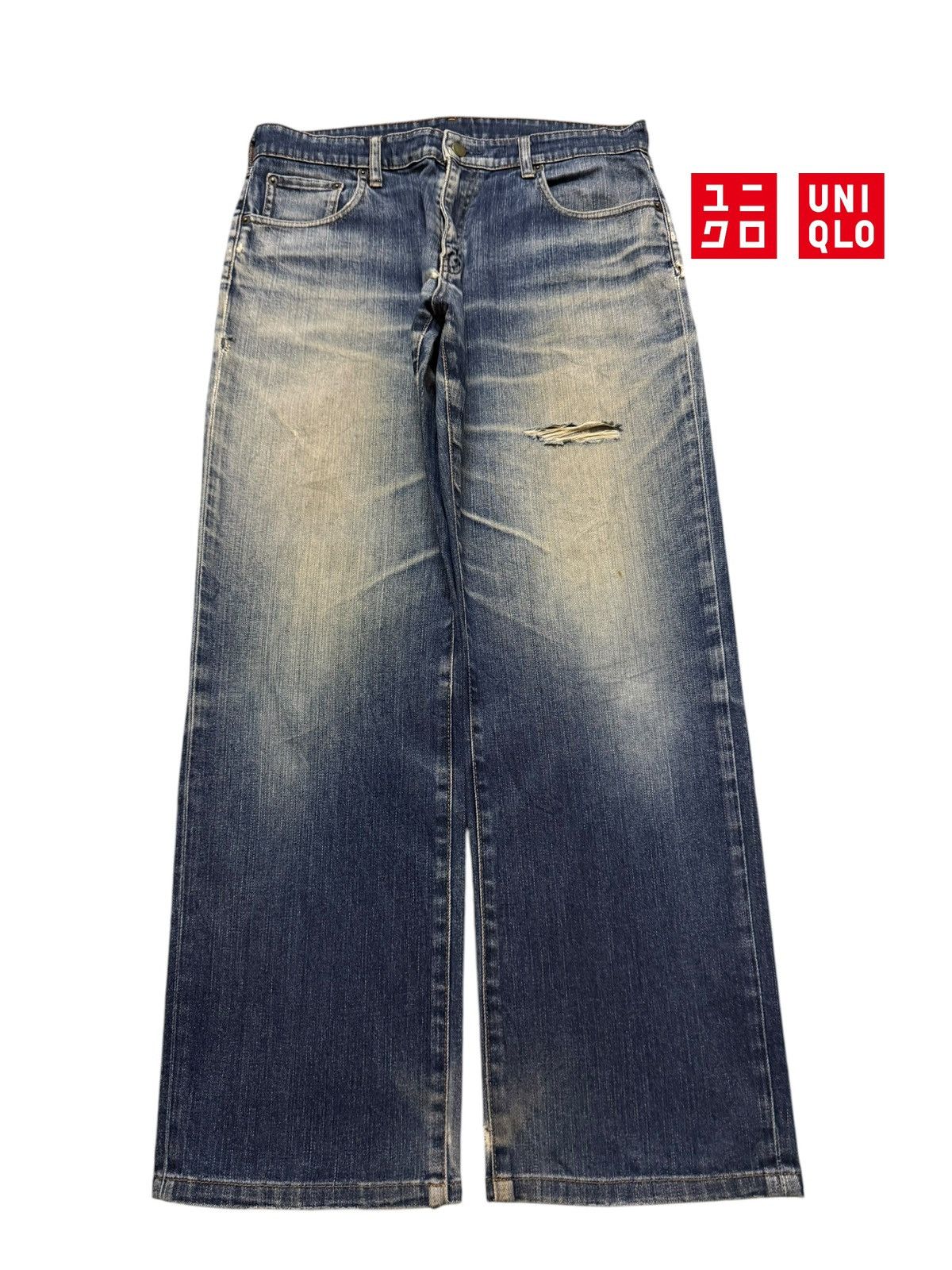 Uniqlo Vintage Y2K Japanese Uniqlo Mud Wash Distress Wide Leg Baggy Size US 33 - 1 Thumbnail