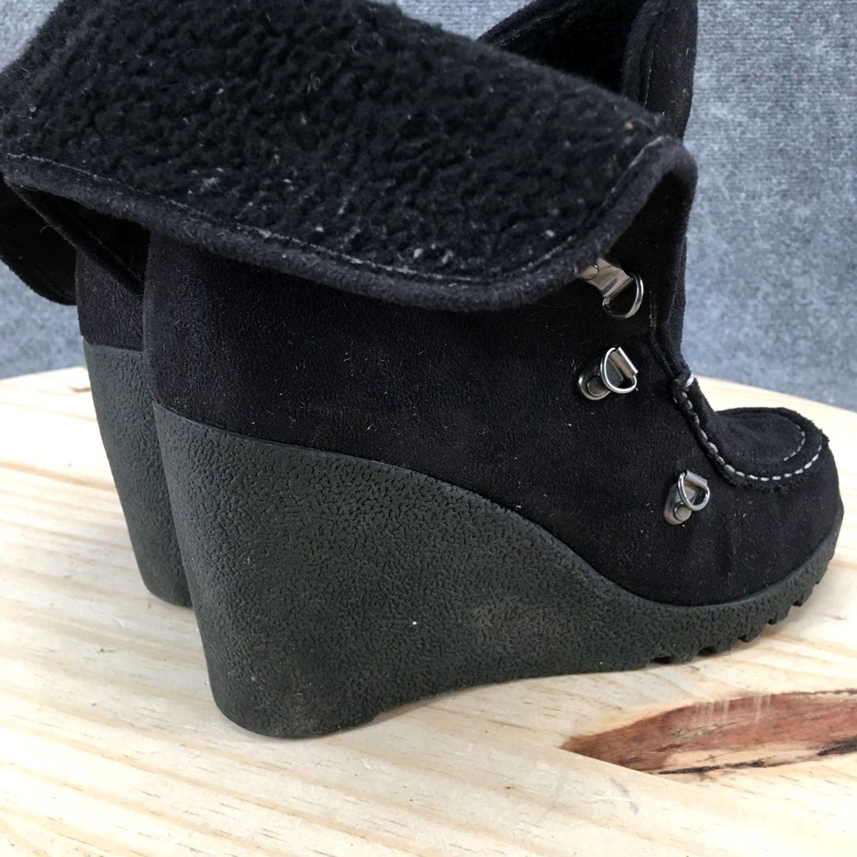 Vintage Unionbay Boots Womens 7.5 M Pike Ankle Booties Lace Up Wedge Heels Black Fabric Size US 8 / IT 38 - 4 Thumbnail