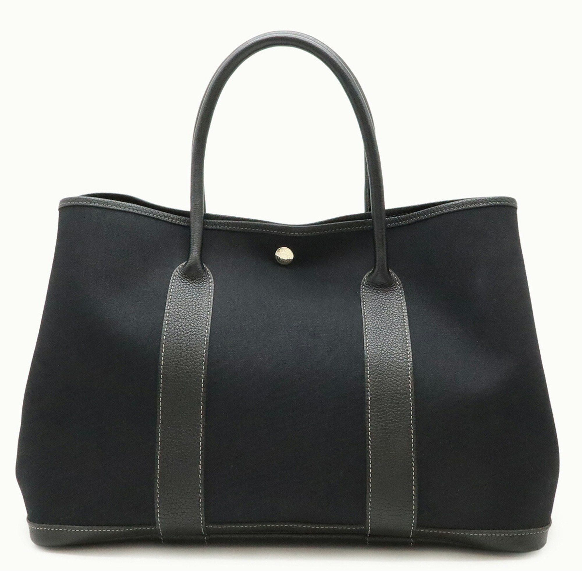 Hermes Garden Pm Tote Bag Handbag Toile Officier Canvas Leather Black, Women's