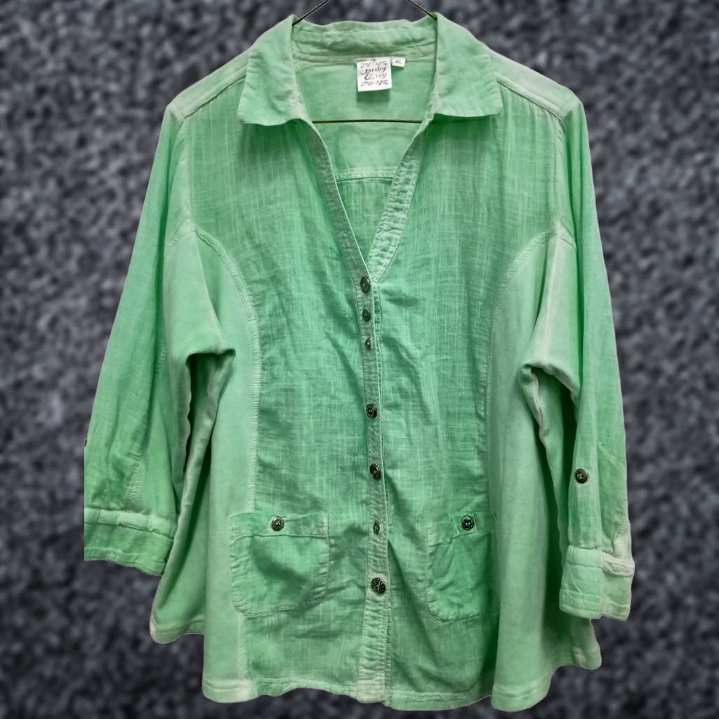 Vintage Parsley & Sage Wearable Art Lagenlook Shirt XL Green Washed Button Up 3/4 Sleeve Size XL / US 12-14 / IT 48-50 - 1 Thumbnail
