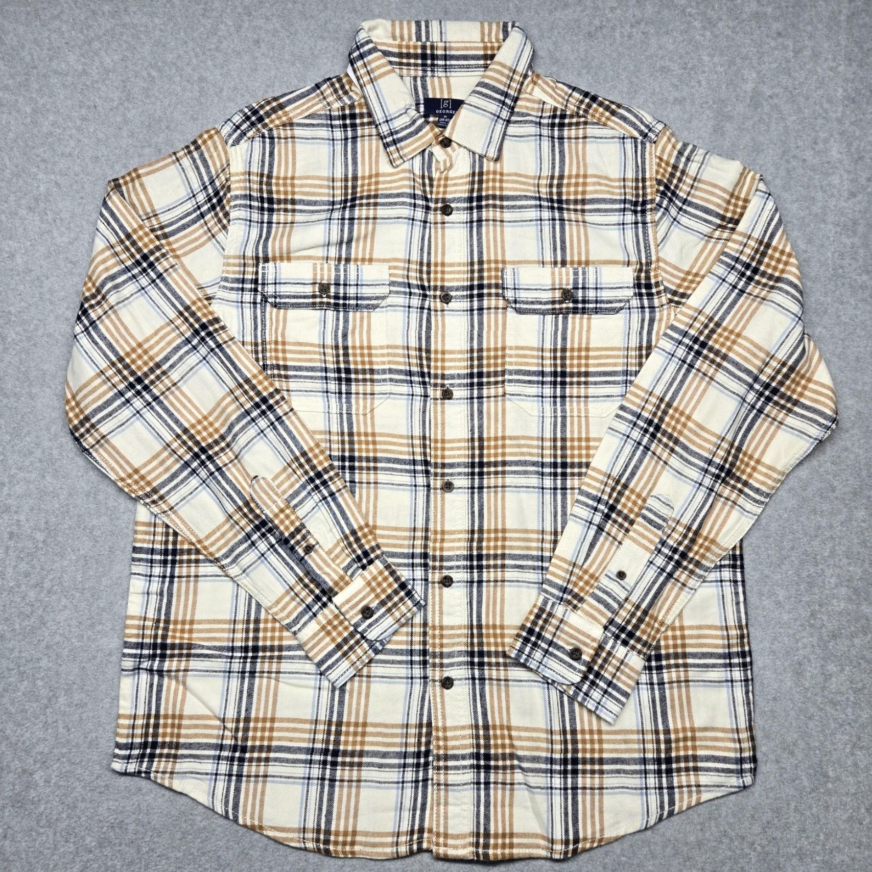 George George Shirt Mens Medium Beige Plaid Flannel Button-Up Long Sleeve Casual Size US M / EU 48-50 / 2 - 2 Thumbnail