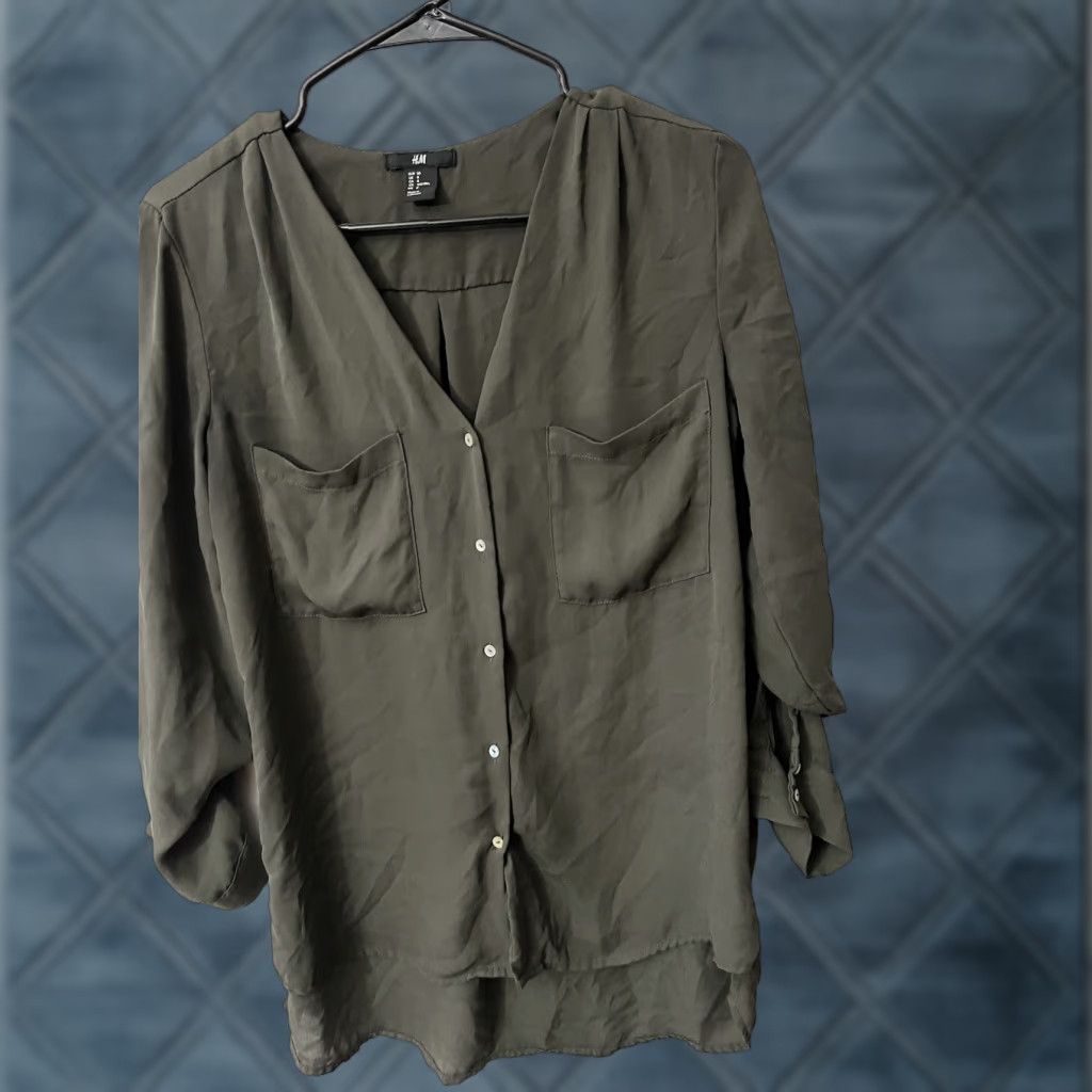 H&M H&M Tunic Blouse Size 8 Green Long Sleeve Woven Sheen Work Button Dow Womens Size M / US 6-8 / IT 42-44 - 1 Thumbnail