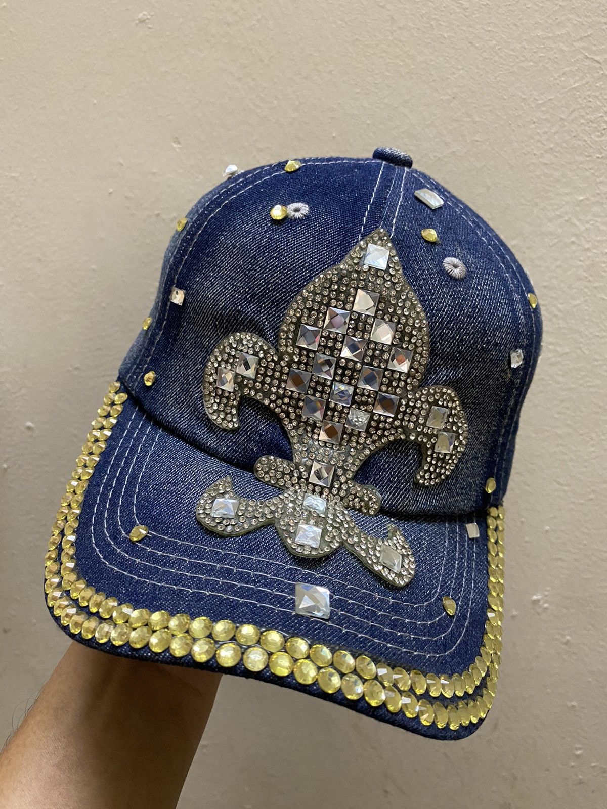 Japanese Brand Japan Brand Rhinestones Blue Denim Distressed Bling Cap Size ONE SIZE - 1 Thumbnail