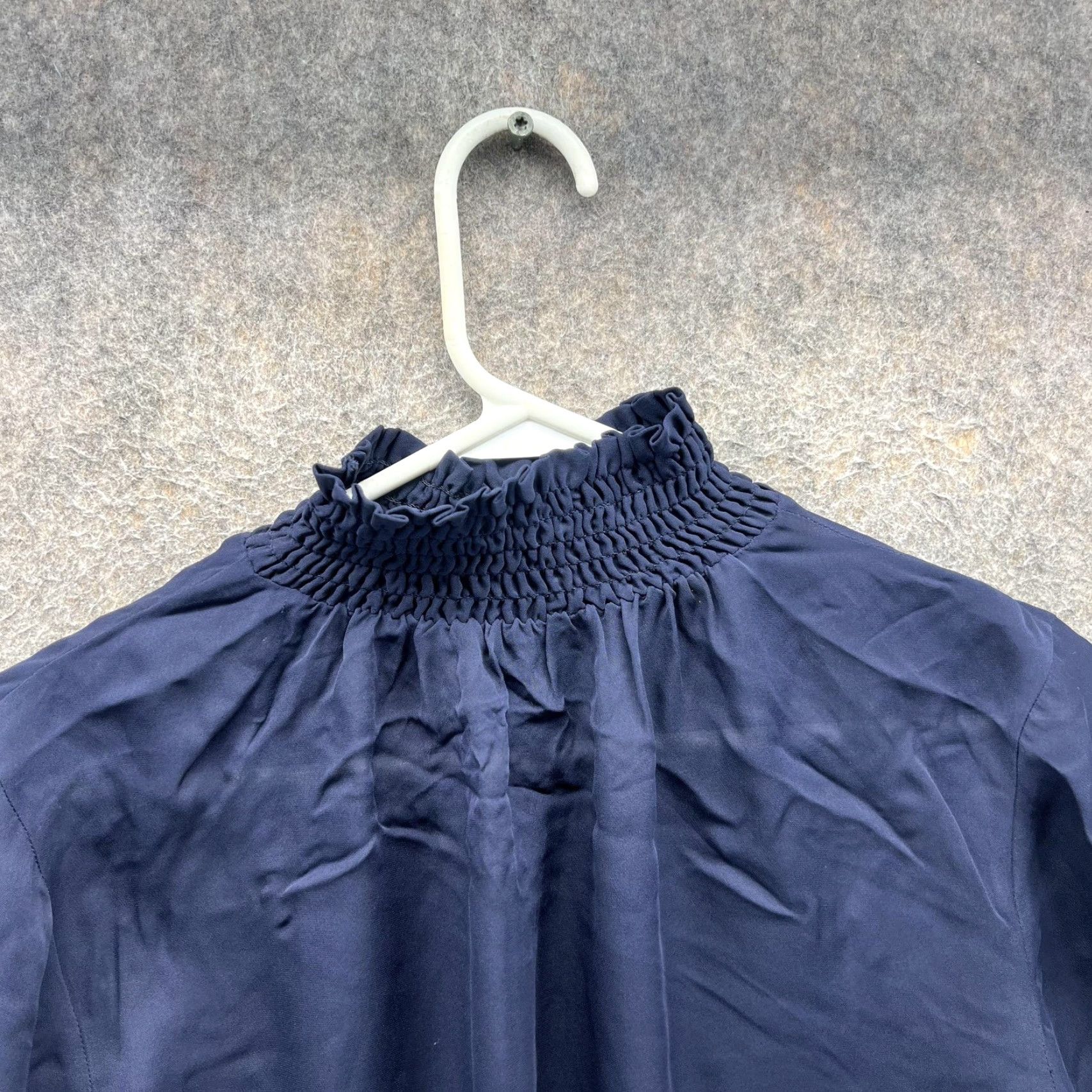 KOBI HALPERIN Kobi Halperin Blouse Womens XS Navy Blue 100% Silk Mock Neck Ruffle Cuff Top Smocked Lightweight Long Sleeve Modern Classic Size XS / US 0-2 / IT 36-38 - 7 Thumbnail