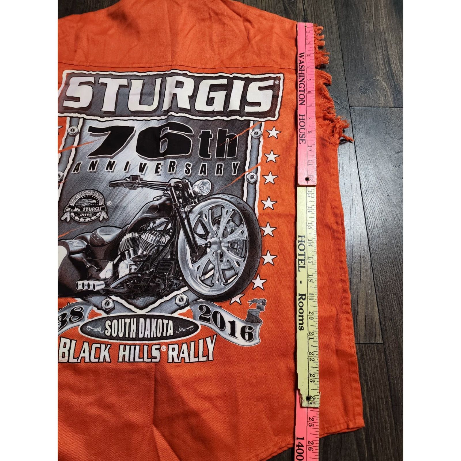 Doublet VEST Biker Pride Mens M Orange 2016 Sturgis Black Hills SD Cut Off Distressed Double-Sided Button-Up Collared Size US M / EU 48-50 / 2 - 3 Thumbnail