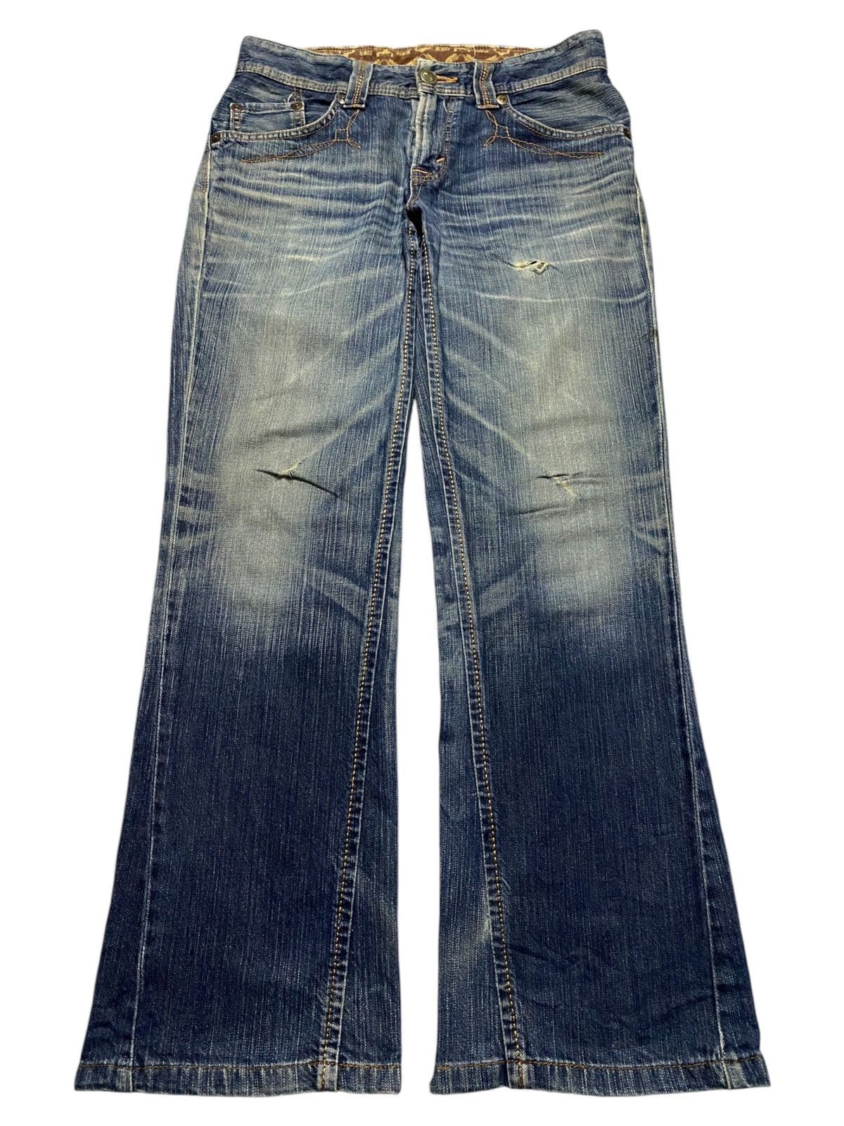 Japanese Brand Vintage Edwin 431 XVS Blue Wash Distressed Flare Jeans Size US 31 - 1 Thumbnail