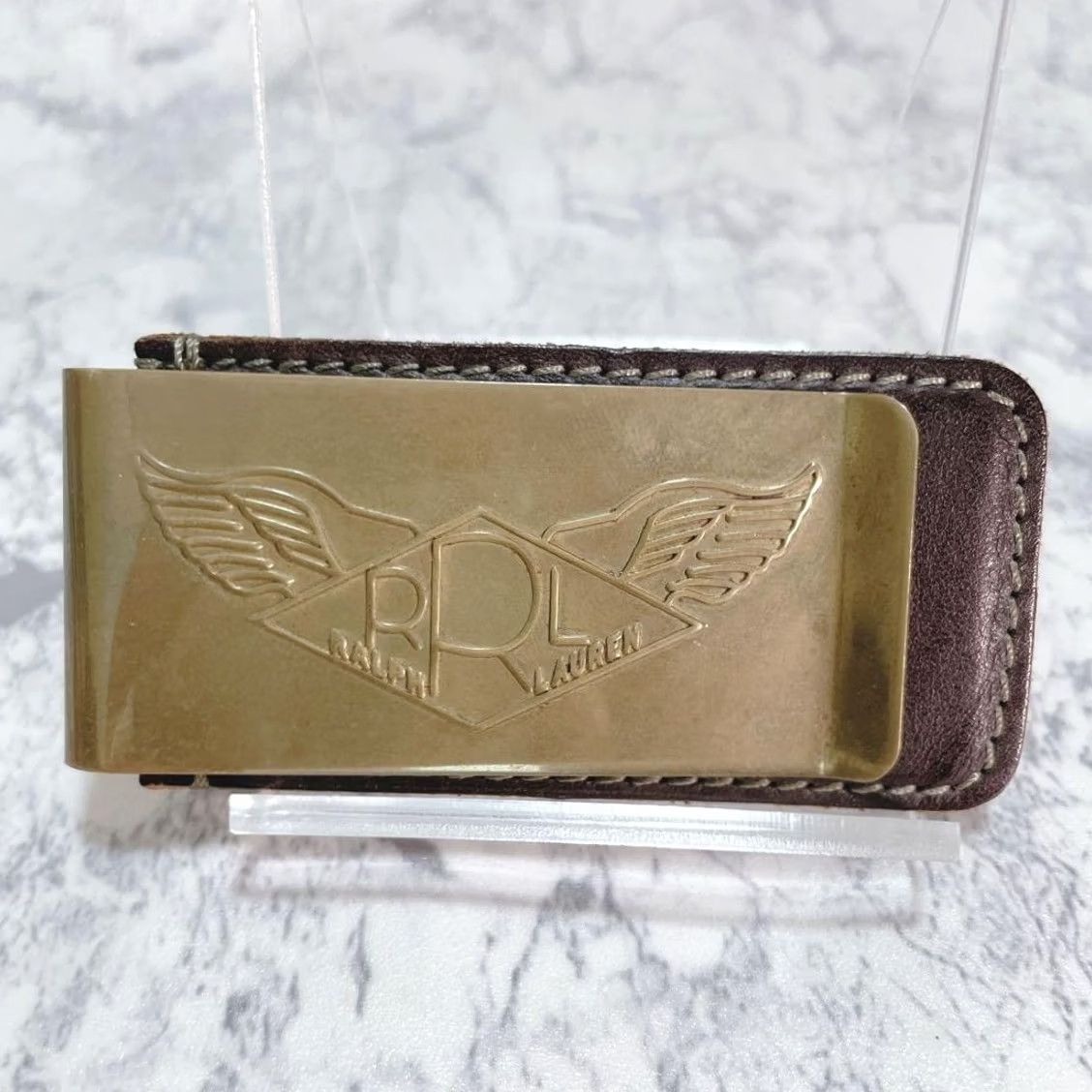 Ralph Lauren RRL Ralph Lauren Money Clip Wing Logo Emboss Leather×Brass Unisex Casual Used Brown Size ONE SIZE - 2 Thumbnail