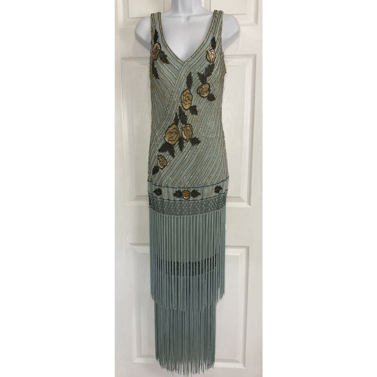 Other Cache Silk Beaded Fringe Floral Sequins Dress 10 Y2K Blue Size L / US 10 / IT 46 - 2 Thumbnail