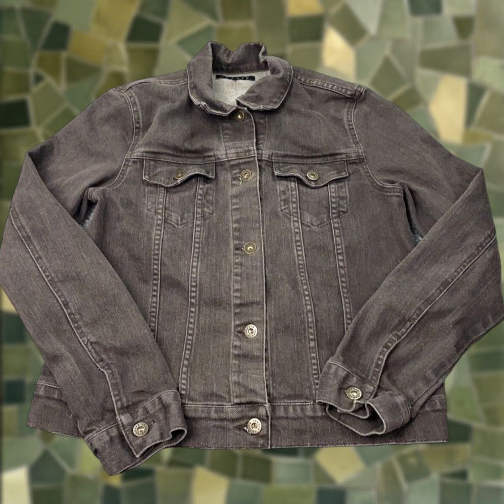 VINTAGE Theory Denim Jacket Women's Large Brown Cotton Trucker Classic Basic Coat Fall Spring Summer Winter