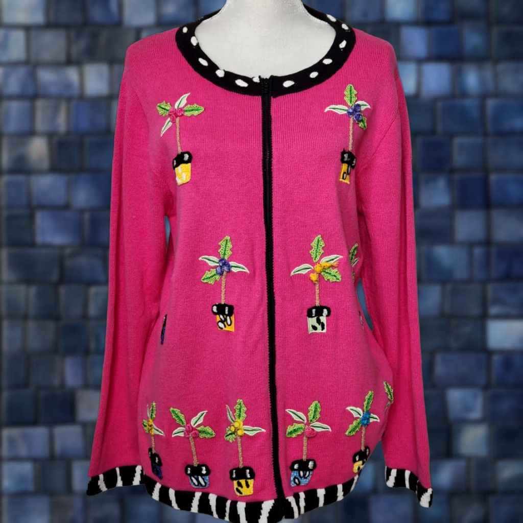 Quacker Factory Quacker Factory Sweater Womens Full Zip Embroidered Palm Trees Pink M Size M / US 6-8 / IT 42-44 - 1 Thumbnail