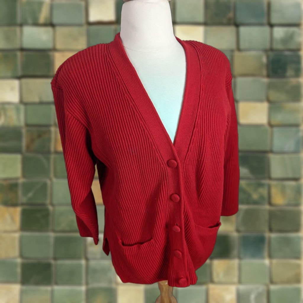 Vintage VINTAGE 80s Womens Large Ribbed Cardigan Sweater Red Vneck Cardigan Womens L Red 90s Featuring Shoulder Pads Size L / US 10 / IT 46 - 1 Thumbnail