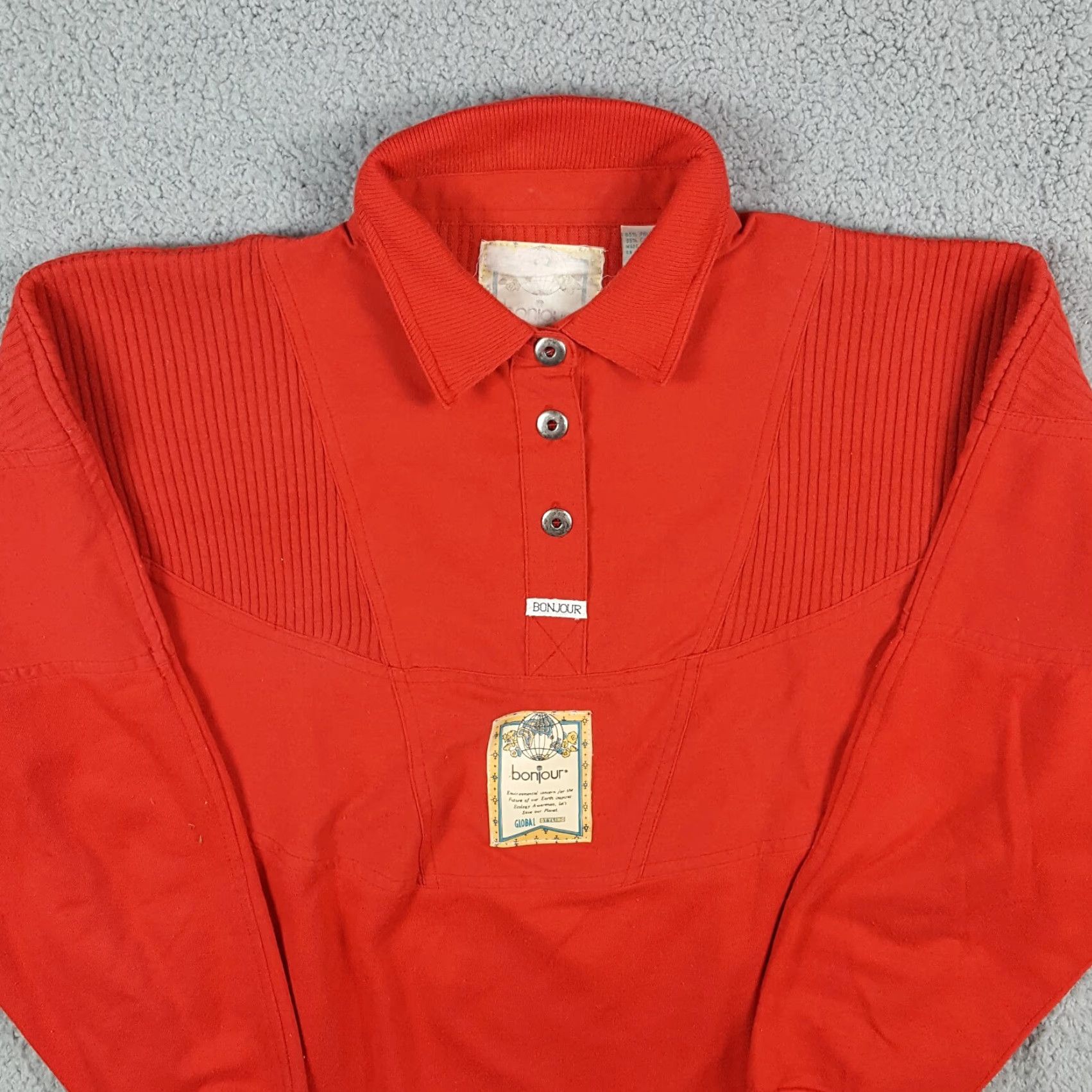 Vintage BonJour Sweatshirt Collared Preppy Long Sleeve Women's M Red 90s Pullover Size M / US 6-8 / IT 42-44 - 2 Thumbnail