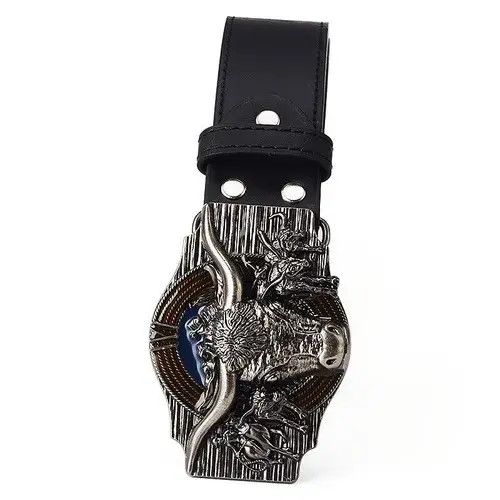 VIBE Skull Bull Ox Horn Men Leather Belt Size ONE SIZE - 4 Thumbnail