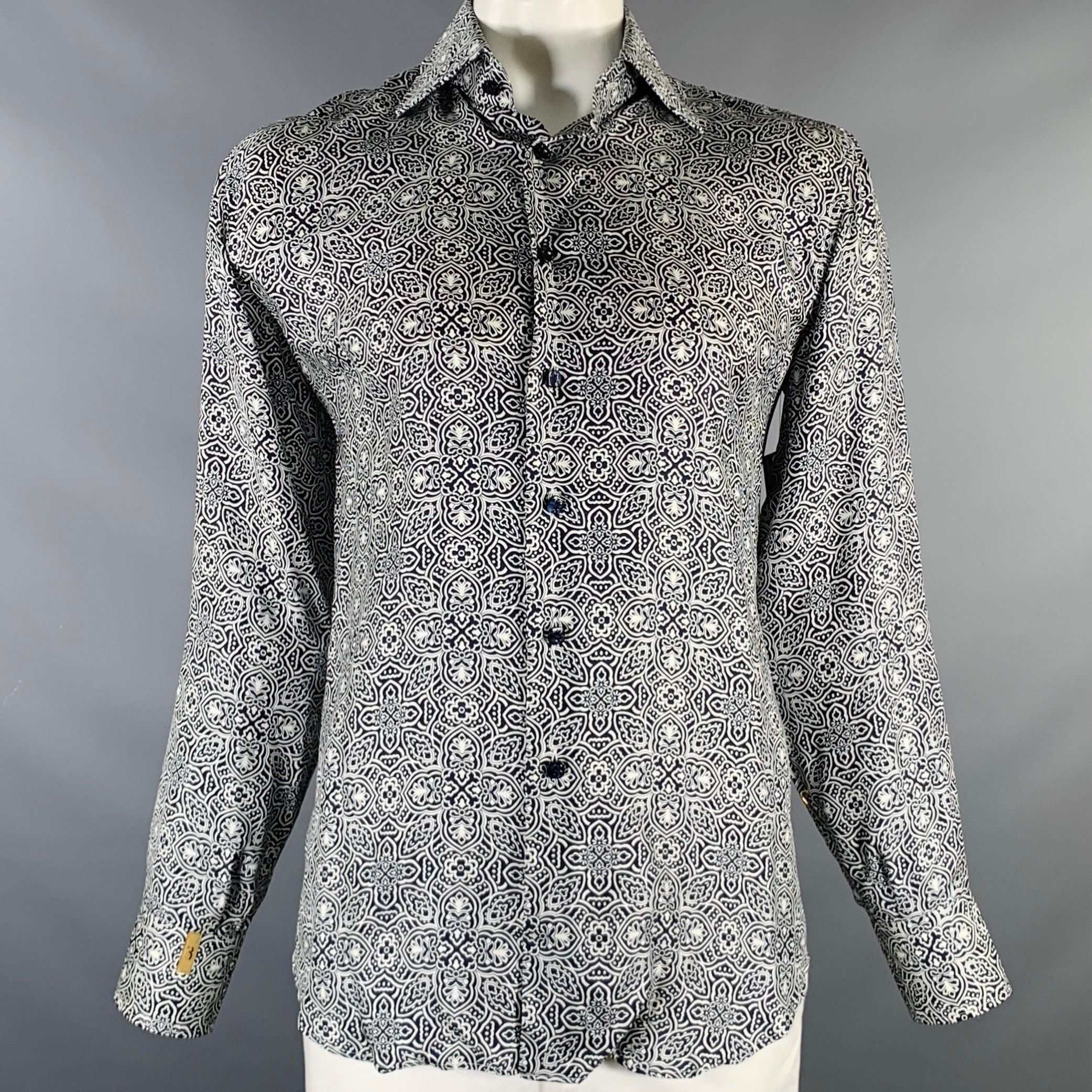 image of Billionaire Couture Black White Print Silk Long Sleeve Shirt, Men's (Size Large)