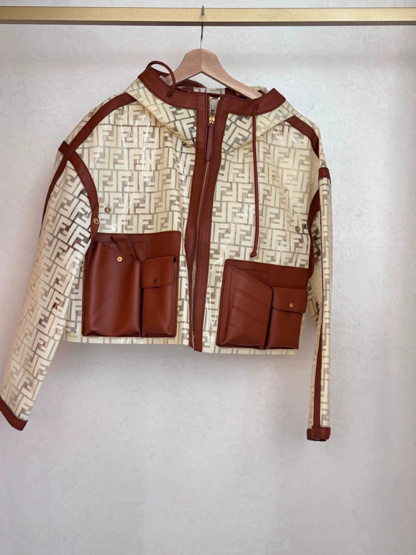 Fendi FENDI SS22 Logo Leather Panel Hooded Women's Brown Jacket Size M / US 6-8 / IT 42-44 - 2 Thumbnail