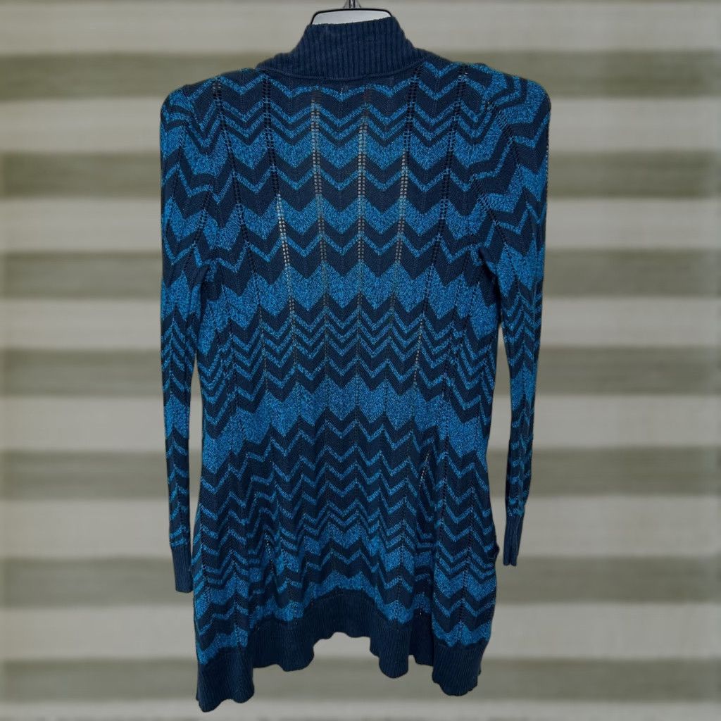 Missoni Cardigan Sweater Women size M Blue Chevron Wool Blend Open Pockets Casual Fall Winter Spring Wool blend Cotton Rayon Wool (Regular) Womens