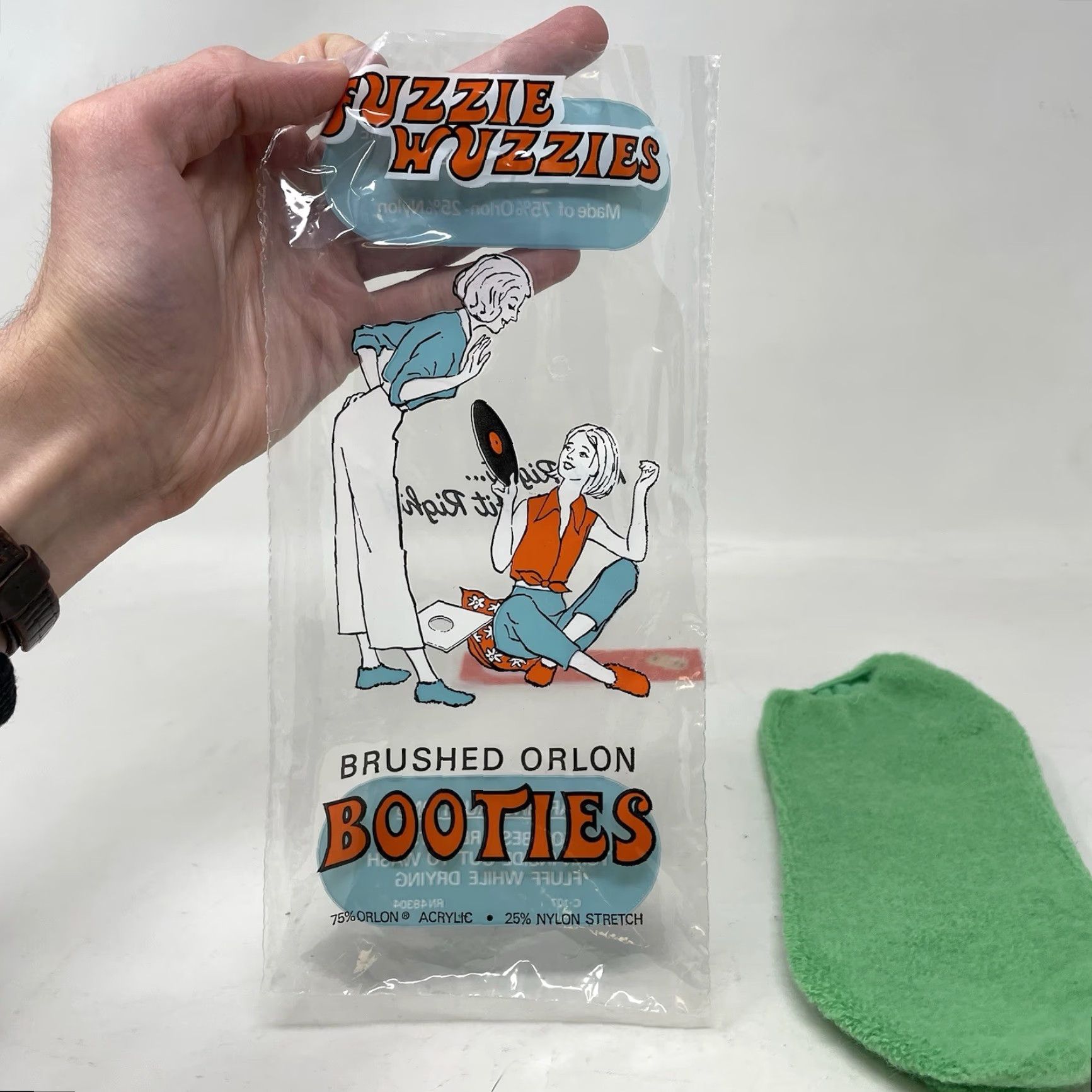 FUZZI VINTAGE 1960s FUZZIE WUZZIES Slippers Socks GoGo Mod Green 9-11 Vintage 60s Shoes/Slippers Mens& Womens Size ONE SIZE - 2 Thumbnail