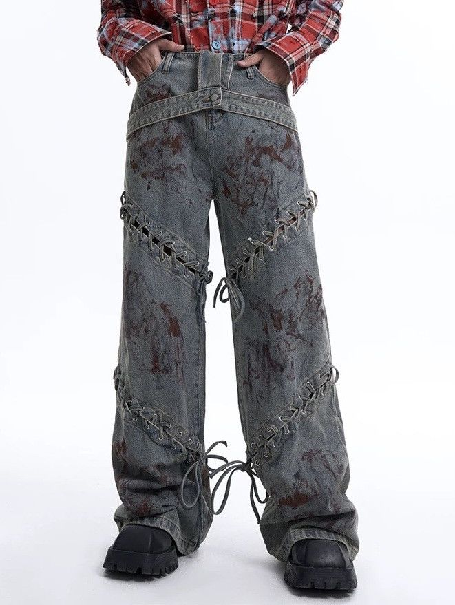 Japanese Brand × Vintage Avant garde paint splash dirty wash lace-up punk jeans Size US 32 / EU 48 - 4 Thumbnail